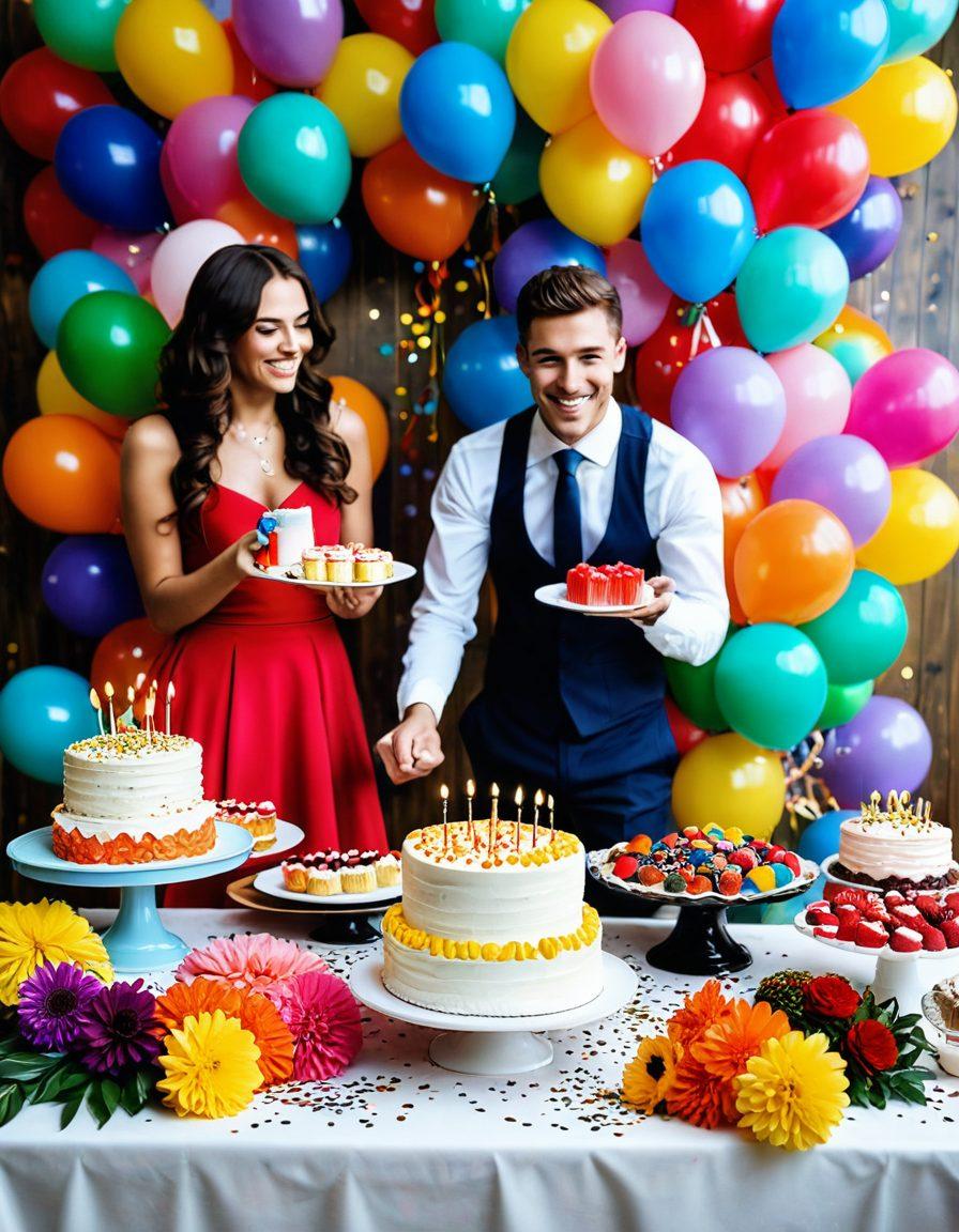 A vibrant celebration scene featuring a beautifully decorated table filled with extravagant butt cakes in various flavors, surrounded by colorful balloons and party decorations. Guests in festive attire are laughing and enjoying themselves, with one person playfully presenting a cake. The atmosphere should be joyful and lively, with rich colors and a fun, cheeky vibe. include confetti falling in the background for added festivity. super-realistic. vibrant colors. festive background.