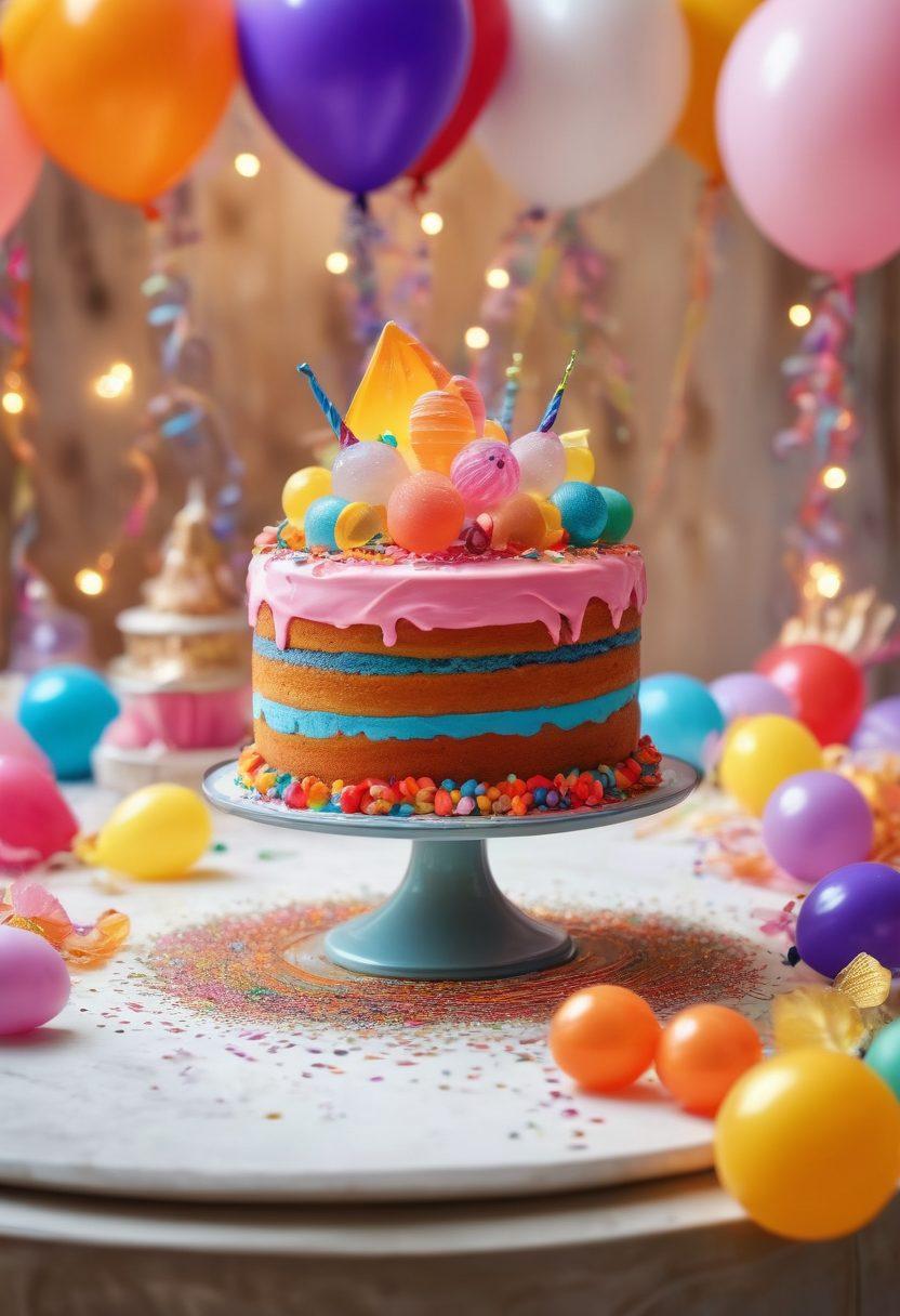 A whimsical scene featuring a variety of artistic booty cakes, each with vibrant icing and playful decorations, set on a festive table adorned with colorful balloons and streamers. Surrounding the cakes are cheerful party-goers wearing silly hats, joyfully celebrating. The background is filled with confetti and twinkling fairy lights, creating a magical atmosphere. The colors are bright and inviting, perfect for a celebration. cartoonish style. vibrant colors. whimsical.